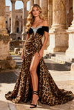Sparkly Khaki Leopard Mermaid Beaded Long Prom Dress with Slit
