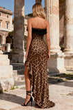 Khaki Leopard Sheath Strapless Long Corset Prom Dress with Ruffles