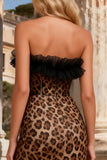 Khaki Leopard Sheath Strapless Long Corset Prom Dress with Ruffles
