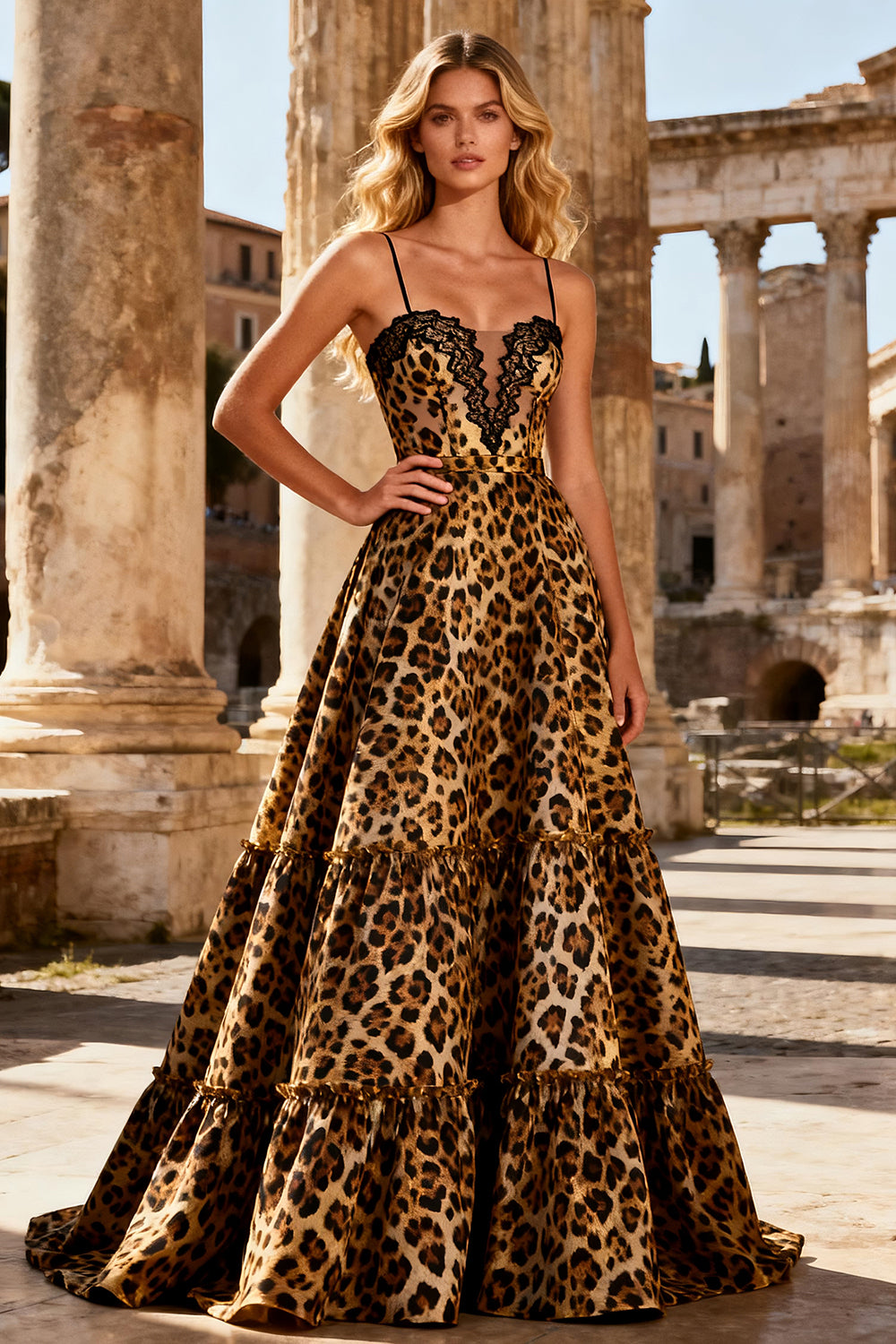 Khaki Leopard Print  A Line Spaghetti Straps Long Prom Dress