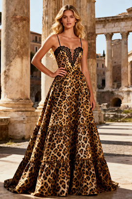 Khaki Leopard Print  A Line Spaghetti Straps Long Prom Dress