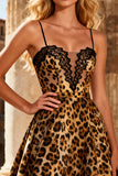 Khaki Leopard Print  A Line Spaghetti Straps Long Prom Dress