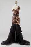 Khaki Leopard Print Mermaid One Shoulder Long Prom Dress