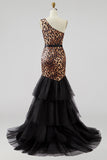 Khaki Leopard Print Mermaid One Shoulder Long Prom Dress