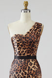 Khaki Leopard Print Mermaid One Shoulder Long Prom Dress