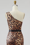 Khaki Leopard Print Mermaid One Shoulder Long Prom Dress