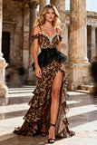 Sparkly Khaki Leopard Sheath Ruffled Long Prom Dress with Slit