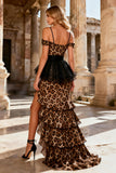 Sparkly Khaki Leopard Sheath Ruffled Long Prom Dress with Slit