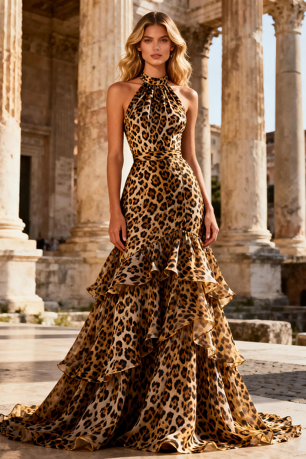Khaki Leopard Print Mermaid Halter Long Prom Dress with Ruffles