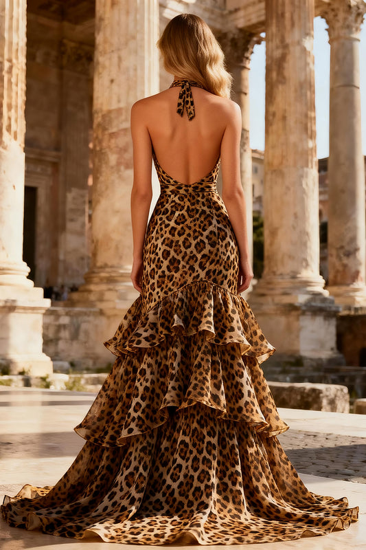 Khaki Leopard Print Mermaid Halter Long Prom Dress with Ruffles