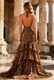Khaki Leopard Print Mermaid Halter Long Prom Dress with Ruffles