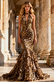 Khaki Leopard Chiffon Ruffled Mermaid Tiered Long Prom Dress