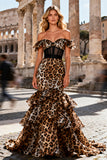 Khaki Leopard Ruffled Mermaid Tiered Long Corset Prom Dress
