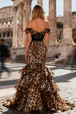 Khaki Leopard Ruffled Mermaid Tiered Long Corset Prom Dress