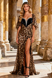 Sparkly Khaki Leopard Print Beaded Long Prom Dress with Slit