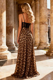 Khaki Leopard Print Sheath Long Corset Prom Dress with Slit