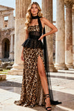 Khaki Leopard Print Sheath Strapless Long Corset Prom Dress with Slit