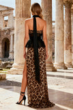 Khaki Leopard Print Sheath Strapless Long Corset Prom Dress with Slit