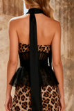 Khaki Leopard Print Sheath Strapless Long Corset Prom Dress with Slit