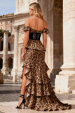 Khaki Leopard Off the Shoulder Ruffled Long Prom Dress with Slit
