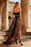 Khaki Leopard Sweetheart Ruffled Long Prom Dress with Slit