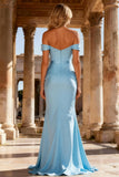 Sky Blue Mermaid Beaded Long Corset Prom Dress with Belt