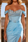 Sky Blue Mermaid Beaded Long Corset Prom Dress with Belt