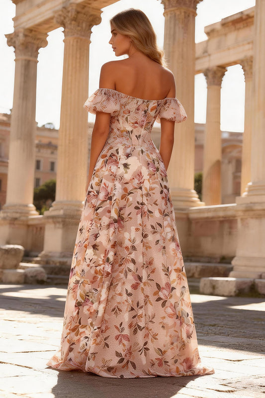 Floral Pink A Line Off the Shoulder Long Corset Prom Dress with Slit