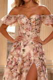 Floral Pink A Line Off the Shoulder Long Corset Prom Dress with Slit