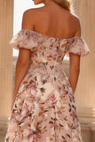 Floral Pink A Line Off the Shoulder Long Corset Prom Dress with Slit