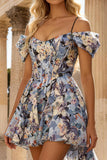 Floral Blue A Line Cold Shoulder Short Corset Prom Dress with Cape