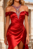 Red Mermaid Beaded Halter Neck Long Prom Dress with Slit