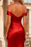 Red Mermaid Beaded Halter Neck Long Prom Dress with Slit