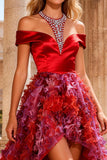 Red A Line Halter Neck High-Low Prom Dress with Beading