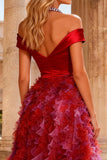 Red A Line Halter Neck High-Low Prom Dress with Beading