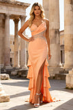 Peach Mermaid Beaded Ruffled Long Prom Dress with Slit