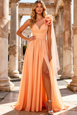 Peach A Line One Shoulder Long Prom Dress with 3D Flower
