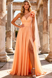 Peach A Line One Shoulder Long Prom Dress with 3D Flower