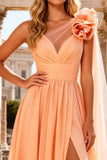 Peach A Line One Shoulder Long Prom Dress with 3D Flower