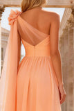 Peach A Line One Shoulder Long Prom Dress with 3D Flower