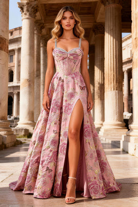 Sparkly Floral Pink Beaded A Line Long Corset Prom Dress with Slit