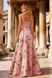 Sparkly Floral Pink Beaded A Line Long Corset Prom Dress with Slit