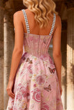 Sparkly Floral Pink Beaded A Line Long Corset Prom Dress with Slit