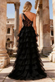Black Lace One Shoulder Beaded Long Prom Dress with Ruffles