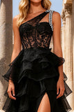 Black Lace One Shoulder Beaded Long Prom Dress with Ruffles