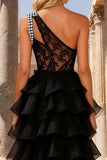 Black Lace One Shoulder Beaded Long Prom Dress with Ruffles