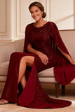 Burgundy Mermaid Boat Neck Long Mother of the Bride Dress with Slit