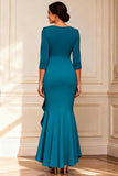 Peacock Blue Mermaid Long Sleeves Mother of the Bride Dress with Ruffles