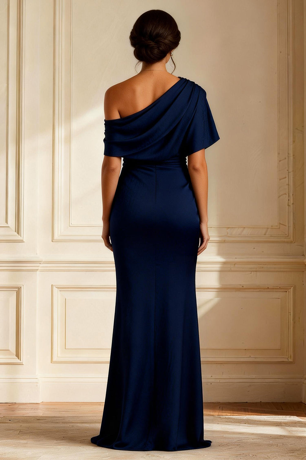 Navy Mermaid Asymmetrical Neck Long Mother of the Bride Dress with Slit