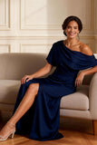 Navy Mermaid Asymmetrical Neck Long Mother of the Bride Dress with Slit